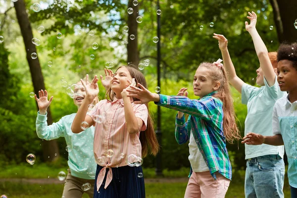 Waist Portrait Multi Ethnic Group Carefree Children Running Park While — Stock Photo, Image