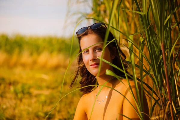 대나무 밭에서 선글라스와 — 스톡 사진