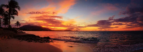 Roter Sonnenuntergang am karibischen Strand mit Palmen. puer — Stockfoto