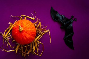 Cadılar Bayramı bardağı taşıran damla doku Turuncu kabak ve mor arka plan, kopya alanı, closeup sopayı sembolüdür,