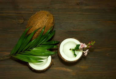 Yarım ve bütün Hindistan cevizi. Hindistan cevizi desen ahşap arka plan üzerinde. Kopya alanı, portre