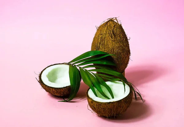 Frutas tropicais inteiras e metades de coco. Layout criativo feito de cocos e folhas sobre fundo rosa.. Conceito de comida. Espaço de cópia, close-up — Fotografia de Stock