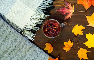 Sonbahar ev dekorasyonu. Parlak sarı ortasında şifalı çay ile cam fincan üzerinde kareli ekose bırakır. Hygge stil, rahatlık ve coziness kavramı. Alan, kopyalamak kadar yakın.