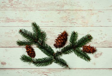 Noel dekor. Festival açık renkli çam dalları ve vintage çam kozalakları, üstten görünüm, yeni yıl tatil kavramı, yakın çekim, alanı Kopyala