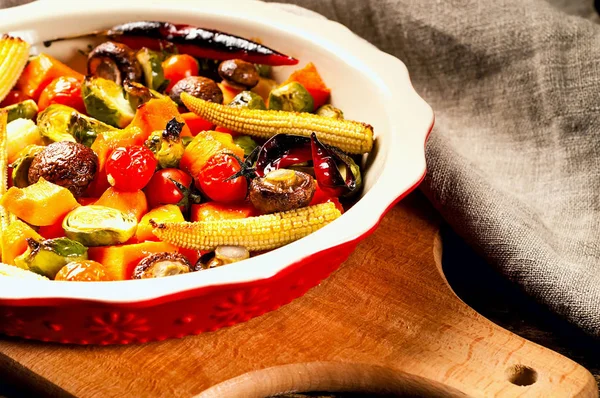 Plant based food,cooked an grill in ceramic bowl on wooden background.The concept of healthy eating and colorful food, copy space, closeup