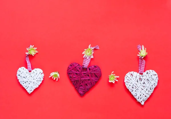 Crisantemos y corazones decorativos sobre fondo coralino. Decoración festiva . — Foto de Stock