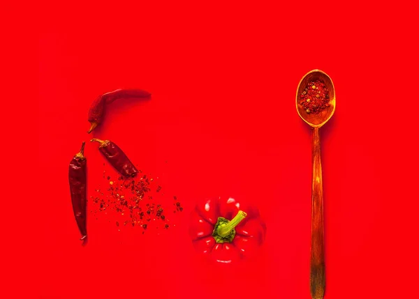 Cucchiaio di legno con spezie e ingredienti per la cottura della pasta su sfondo rosso . — Foto Stock