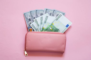 Euro ve dolar üzerinde pembe bir arka plan ile pembe çanta.