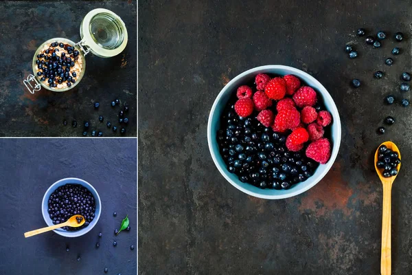 Collage av bär och havregryn. Hälsosam frukost. — Stockfoto