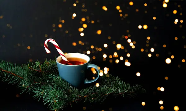 Чашка чая и карамельного тростника на фоне текстуры сосновых ветвей. Рождественский фон . — стоковое фото
