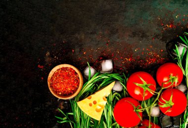 Biberiye ve vintage rustik metal arka plan üzerinde malzemeler. Sağlıklı beslenme konsepti