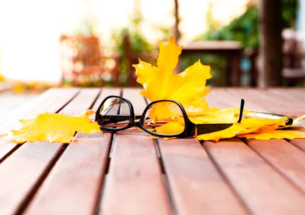 Glasses on texture of yellow leaves on wooden table. The concept — Stock Photo, Image