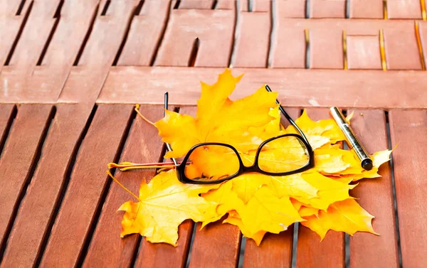 Glasses on texture of yellow leaves on wooden table. The concept — Stock Photo, Image