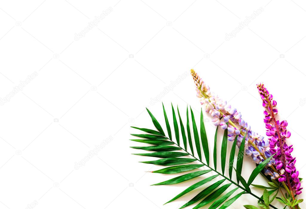Tropical background with palm leaves and colorful flowers. Summer Equinox Day or Solstice. Creative copy space, close-up