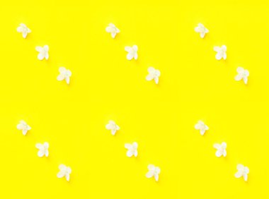 Pattern from flowers of jasmine on yellow background. Hello Summer concept.Creative copy space for design. High quality photo