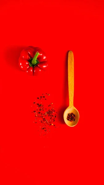 Cucchiaio Legno Con Spezie Pepe Crudo Cucinare Sfondo Rosso Cibo — Foto Stock