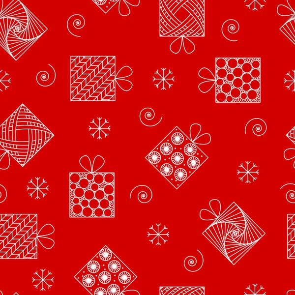 Yeni yıl ve Noel seamless modeli, kırmızı bir arka plan, kar taneleri ve sarmal üzerinde zenart stilinde hediyeler