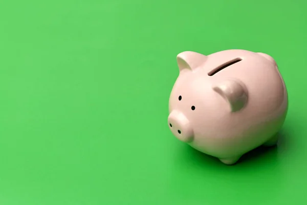 Pink piggy Bank stands on the right on a green background. On the left there is a place in copyspace