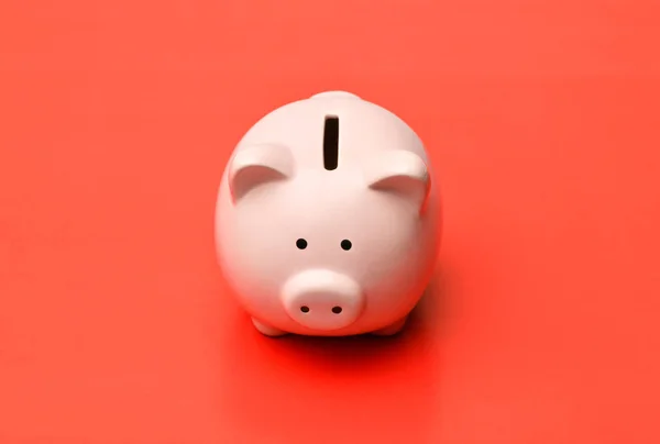 Pink piggy Bank stands in the center on a red background with a shadow. Horizontal photography