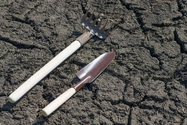 Garden tools rake and shovel lie on the cracked ground in early spring ...