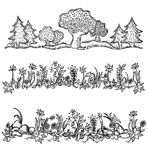Erba, fiori, alberi bianco nero su sfondo isolato — Vettoriale Stock