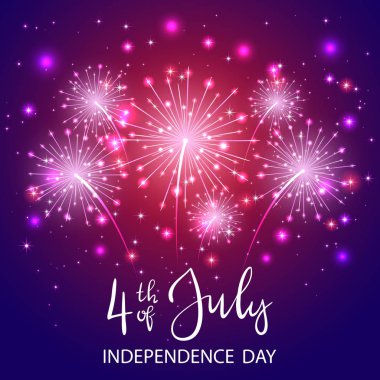 Metin 4 Temmuz ve parlak havai fişek ve yıldızlar Menekşe arka planda, illüstrasyon ile Bağımsızlık günü.