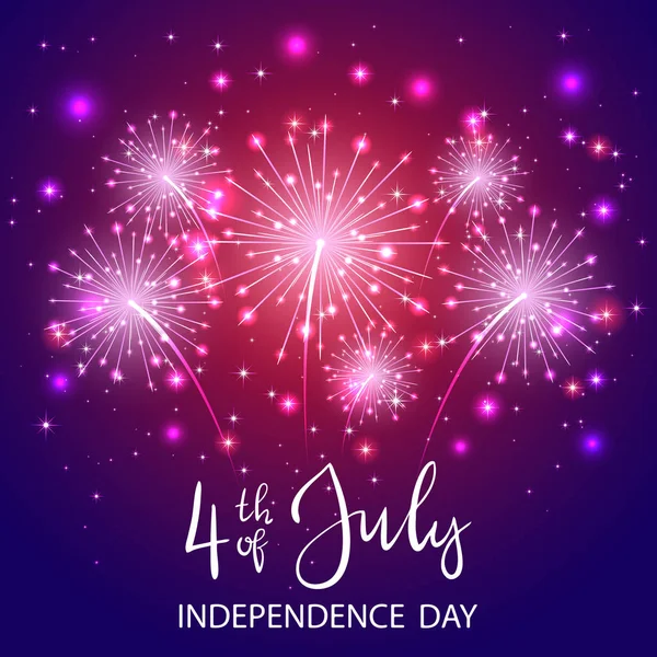 Metin 4 Temmuz ve parlak havai fişek ve yıldızlar Menekşe arka planda, illüstrasyon ile Bağımsızlık günü.