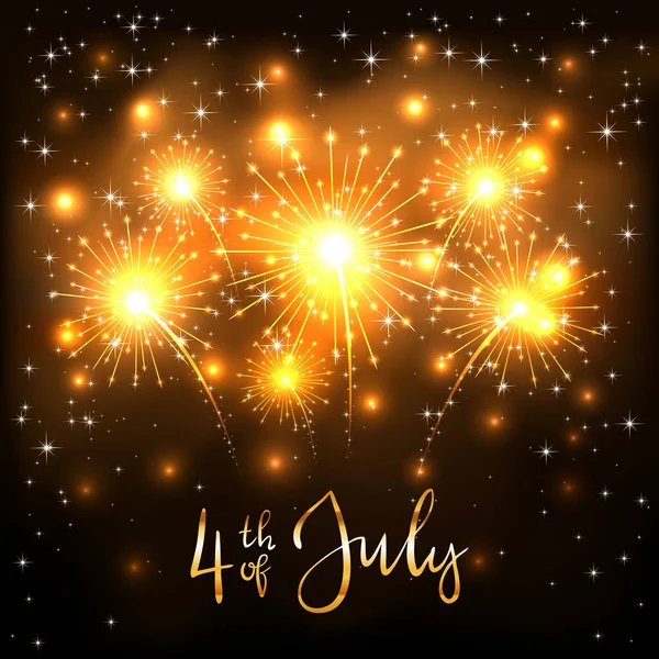 Text 4Th July Golden Shiny Fireworks Stars Dark Background Illustration — Stock Vector