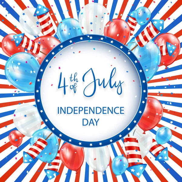 Independence Day Striped Background Banner Balloons Rocket Fireworks Illustration — Stock Vector