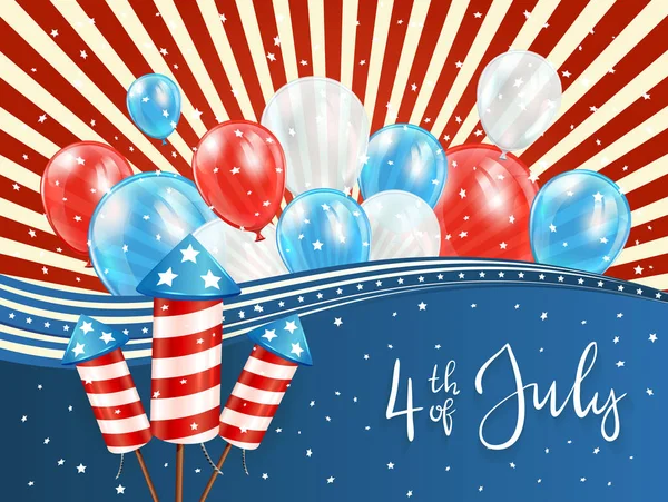 独立日背景与红色线和文字7月4日与气球和火箭烟花 — 图库矢量图片