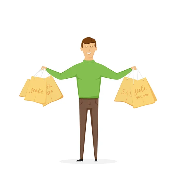 Mens Shopping Happy Man Hold Shopping Bags Text Sale Isolated — Stock Vector