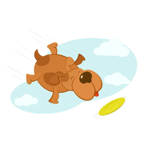 Perro Feliz Con Platillo Volador Sobre Fondo Azul Del Cielo — Vector de stock