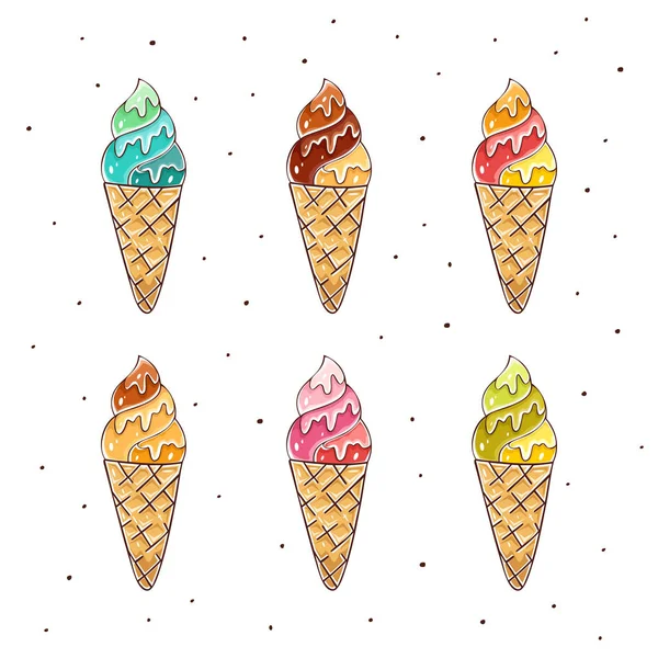 Set Colorful Ice Cream Waffle Cone Isolated White Background Illustration — Stock Vector