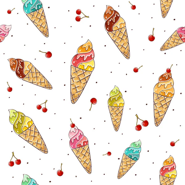 Seamless Background Set Ice Cream Waffle Cone Cherry Illustration — Stock Vector