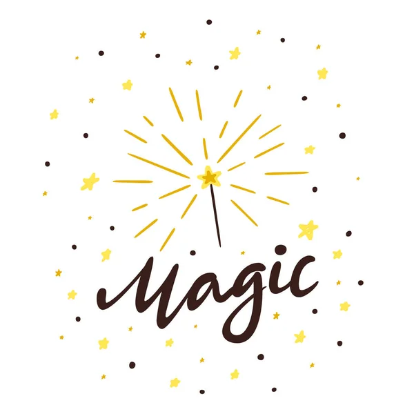 Černý Nápis Magic Golden Kouzelnou Hůlkou Hvězdy Izolovaných Bílém Pozadí — Stockový vektor