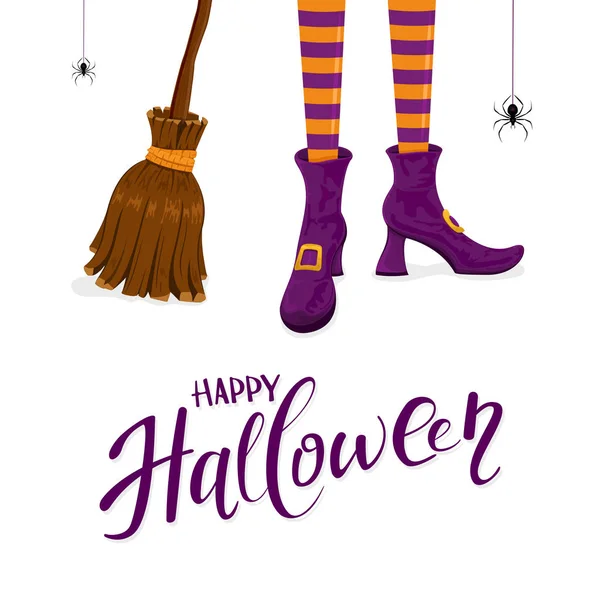 Lettering Feliz Halloween Con Patas Brujas Zapatos Púrpura Escoba Araña — Vector de stock