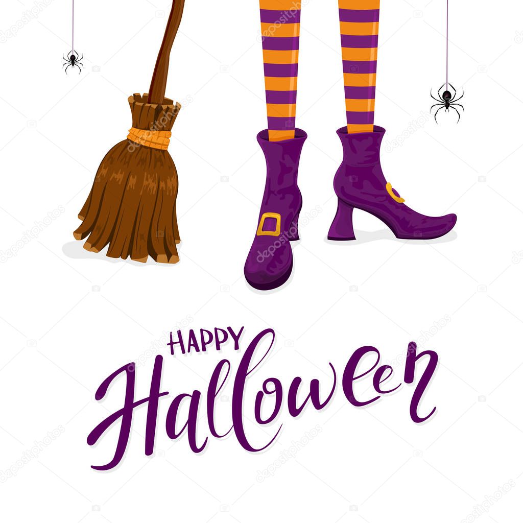 Lettering Happy Halloween with witches legs in purple shoes, broom and spider on white background, illustration.