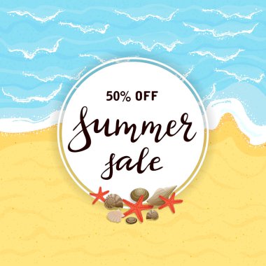 Deniz yıldızı ve kabukları ile yuvarlak kartındaki yaz Satılık yazı. Sandy beach okyanus ya da deniz, illüstrasyon.