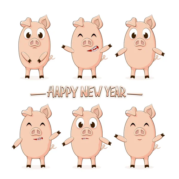 Ensemble Petits Cochons Roses Lettrage Bonne Année Isolé Sur Fond — Image vectorielle