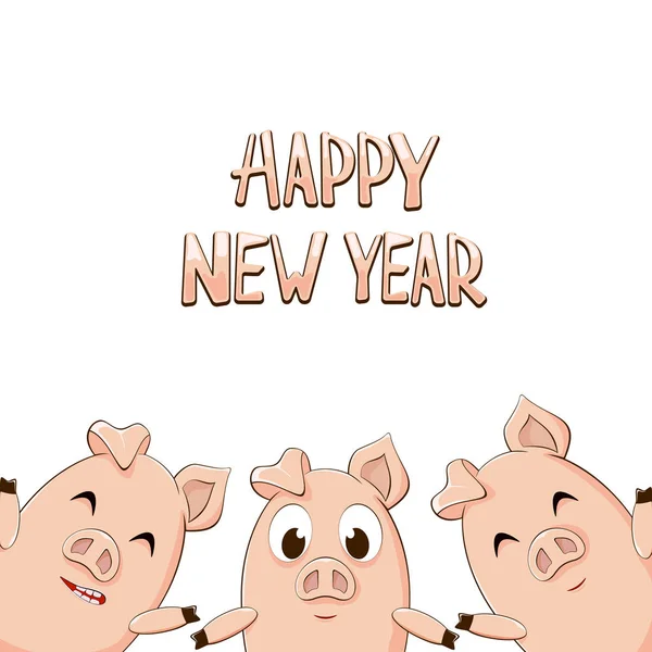Text Happy New Year Three Little Pink Pigs Isolated White — Stock Vector