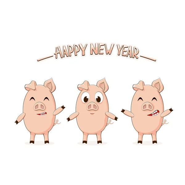 Three Little Pink Pigs Lettering Happy New Year Isolated White — Stock Vector