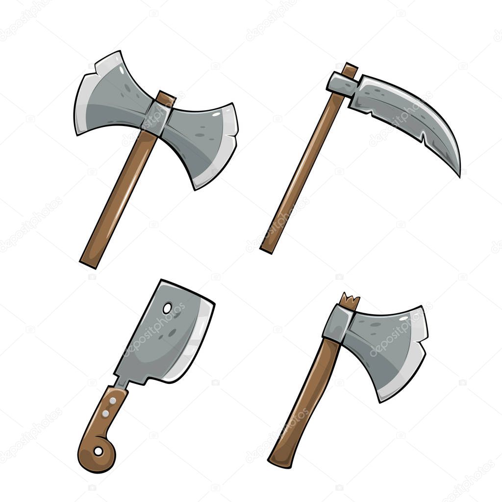 Set of colored icons. Axe with scythe and cleaver knife isolated on white background, illustration.