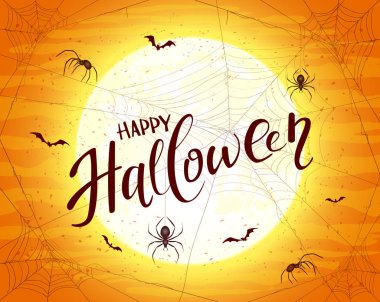 Cadılar Bayramın kutlu olsun büyük ay, Siyah örümcek, örümcek ağları ve uçan yarasalar, illüstrasyon grunge turuncu zemin üzerine yazı.