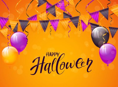 Cadılar Bayramın kutlu olsun metin balonları, bayraklar ve flamalar, illüstrasyon turuncu bir zemin üzerine.