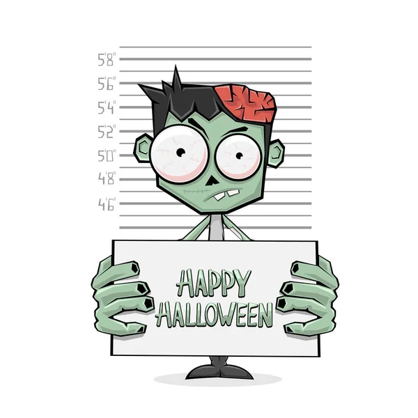 Podezření Zombie Drží Banner Textem Happy Halloween Policejní Lineup Bílém — Stockový vektor