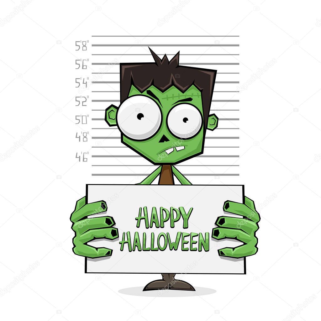 Suspect cartoon monster hold banner with text Happy Halloween and police lineup on white background, illustration.