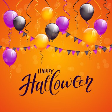 Metin mutlu Cadılar Bayramı ve dekorasyon balonları, bayraklar ve flamalar, illüstrasyon turuncu bir zemin üzerine.