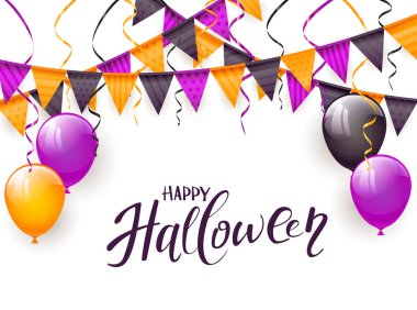 Cadılar Bayramın kutlu olsun metin balonları, bayraklar ve flamalar, resimde beyaz zemin üzerine.