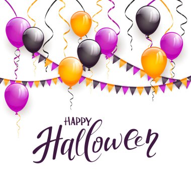 Metin mutlu Cadılar Bayramı ve dekorasyon balonları, bayraklar ve flamalar, resimde beyaz zemin üzerine.