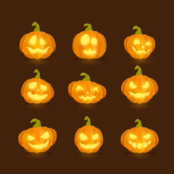 Zestaw Dyni Latarnie Halloween Uśmiechem Ciemnym Tle Ilustracja — Wektor stockowy